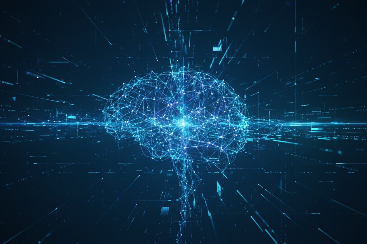 Representación digital de un cerebro humano formado por una red de conexiones luminosas sobre un fondo tecnológico de datos.
